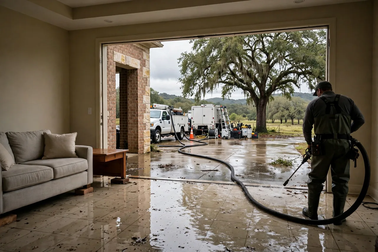 Flood Water Cleanup Texas — technician extracting flash flood water from a Texas home
